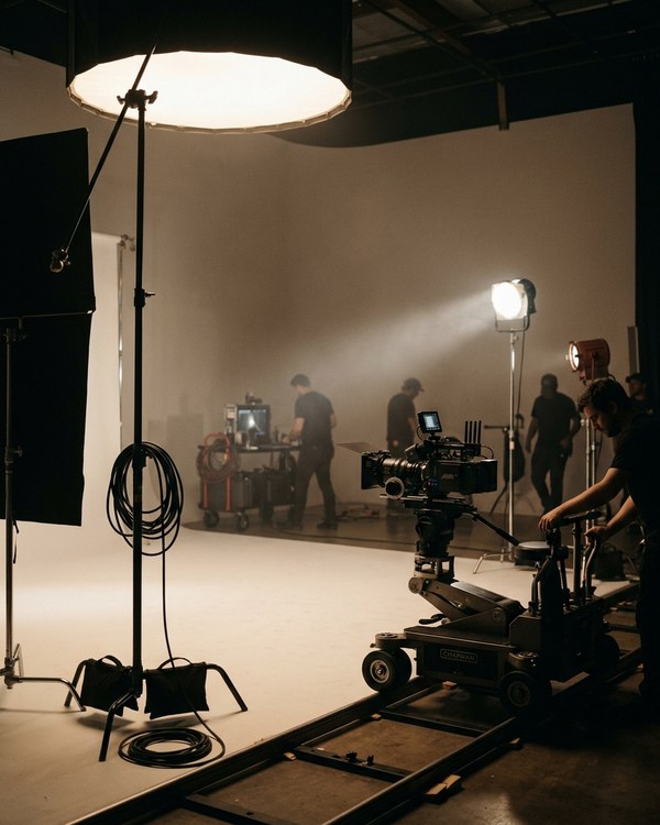 Cinematic film set on a soundstage — camera, dolly track, and crew